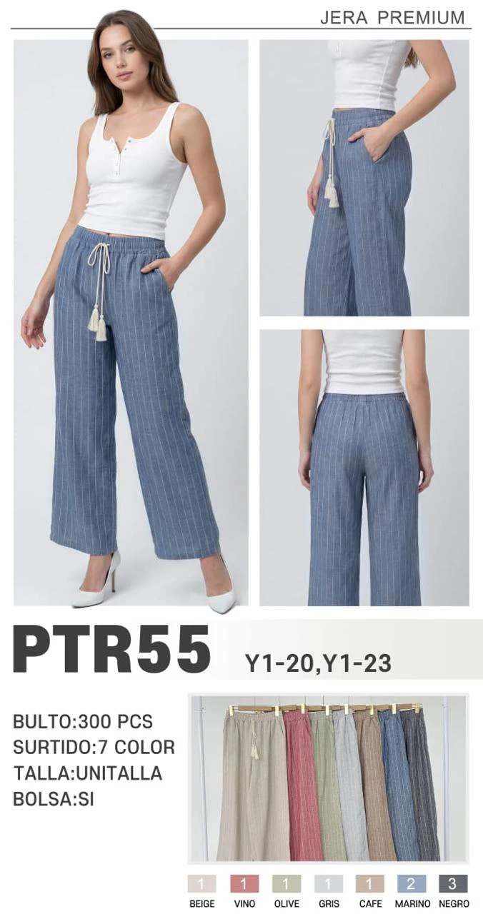 Pantalones de Lino a Rayas con Cordón Ajustable-PTR55