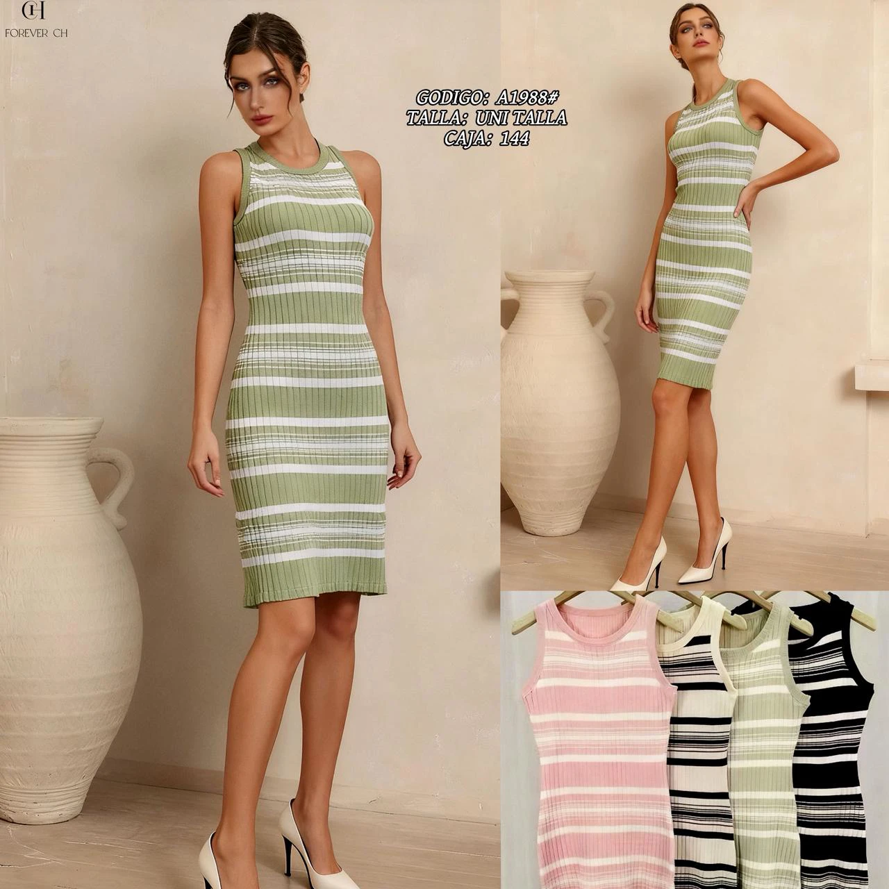 Vestido ajustado de punto a rayas sin mangas-A1988