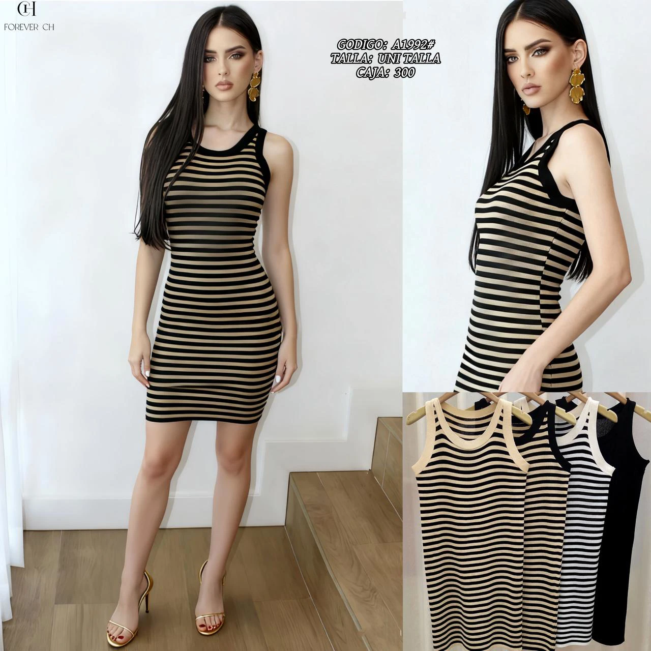 Vestido corto de tirantes con estampado de rayas-A1992