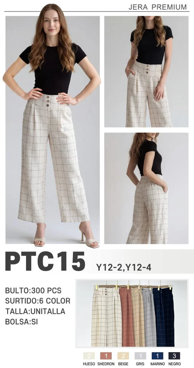 Pantalones anchos de tela a cuadros de cintura alta con botones-PTC15