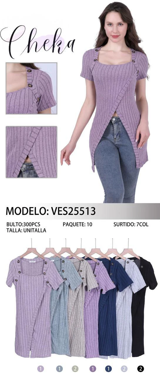 Blusa acanalada con cuello cuadrado y diseño cruzado-VES25513