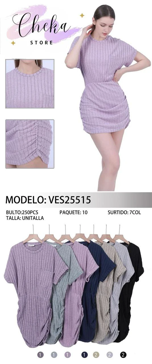 Vestido casual de punto acanalado con jareta lateral-VES25515