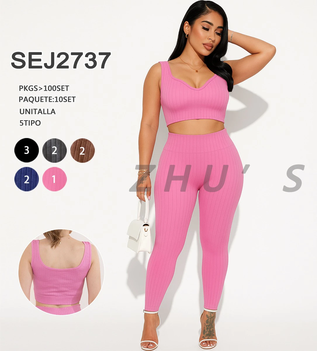 Conjunto Acanalado de Crop Top y Leggings-SEJ2737