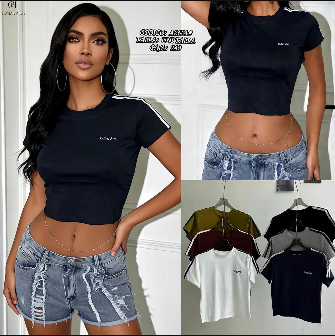 Crop Top de Manga Corta con Rayas-A2621