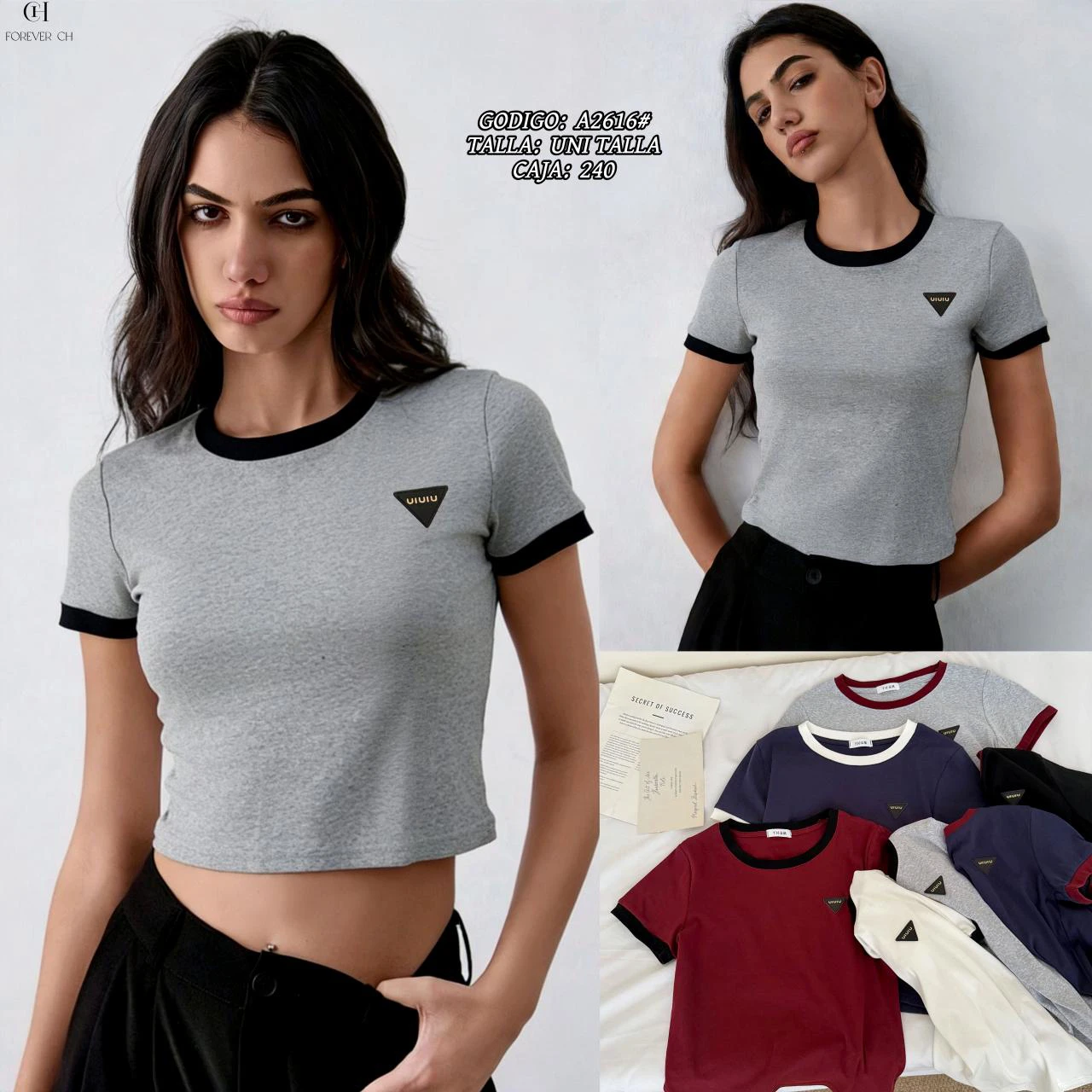 Playera de manga corta con ribete en contraste y parche triangular-A2616