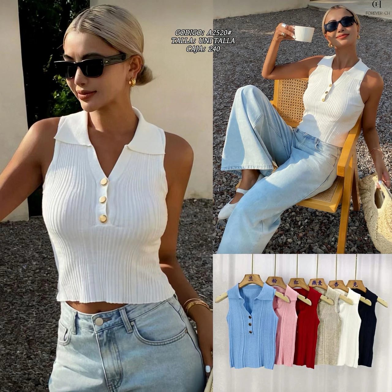 Top de punto sin mangas con cuello tipo polo y botones-A2520