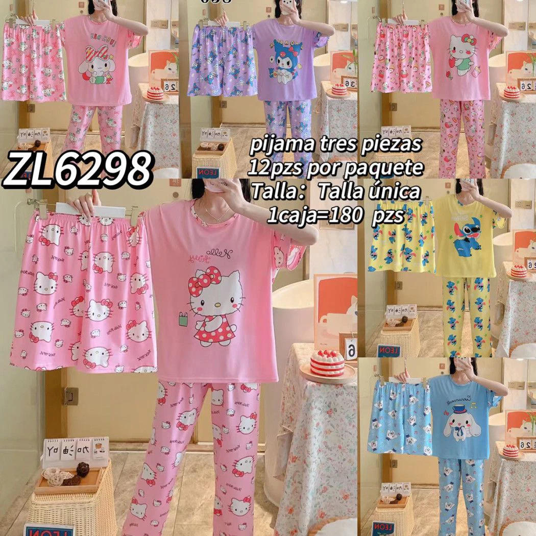Pijama de tres piezas con estampado de personajes-ZL6298