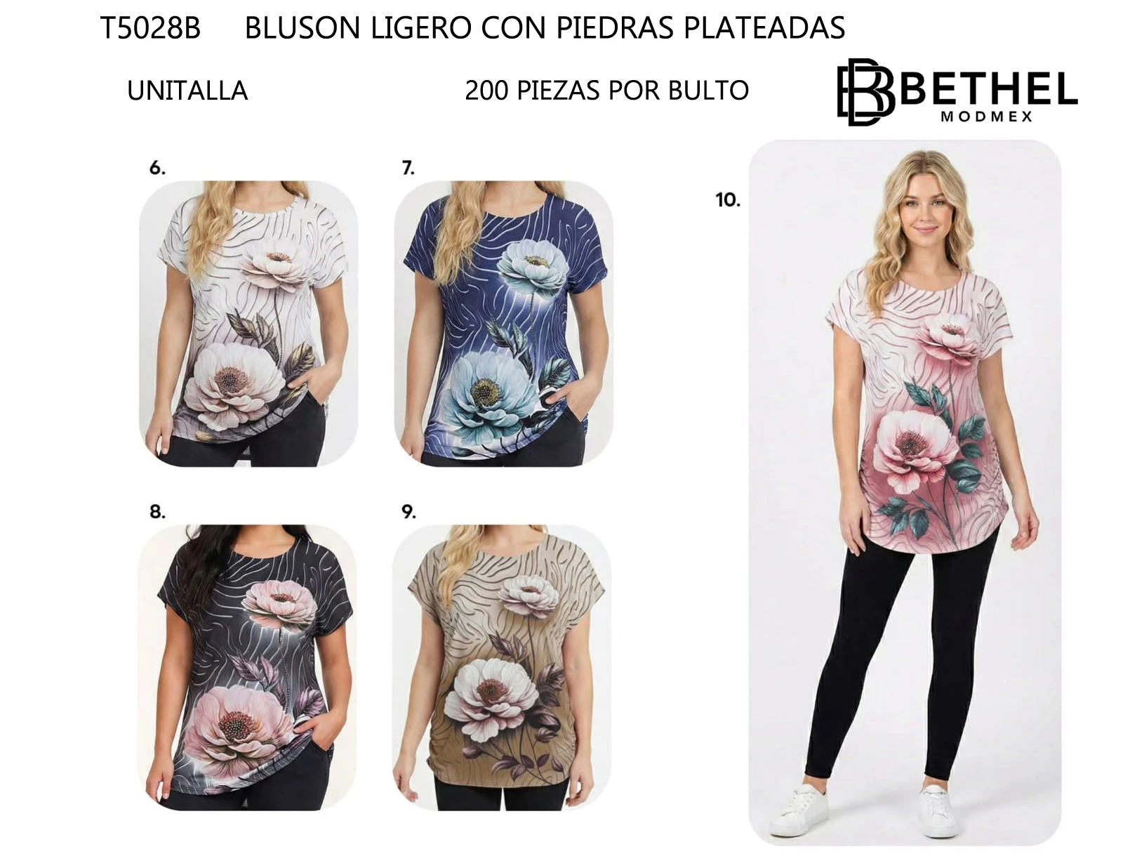 Blusón ligero con estampado floral y piedras plateadas-T5028B