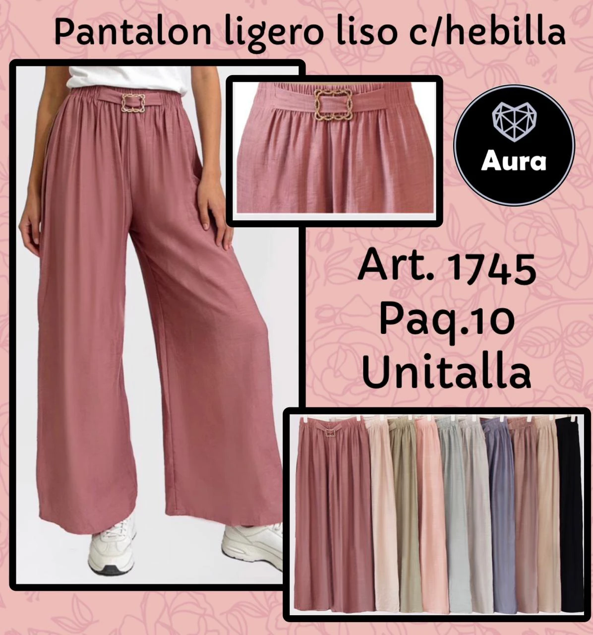 Pantalón ligero liso con hebilla-1745