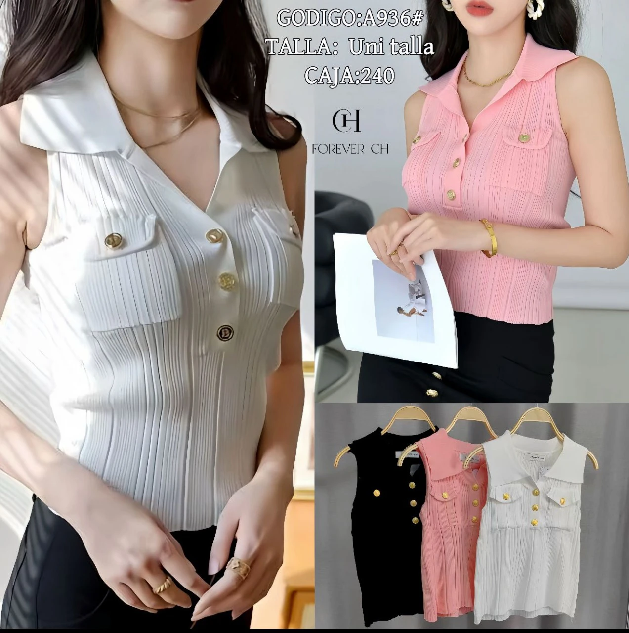 Top de punto con cuello tipo polo y pantalones-A936