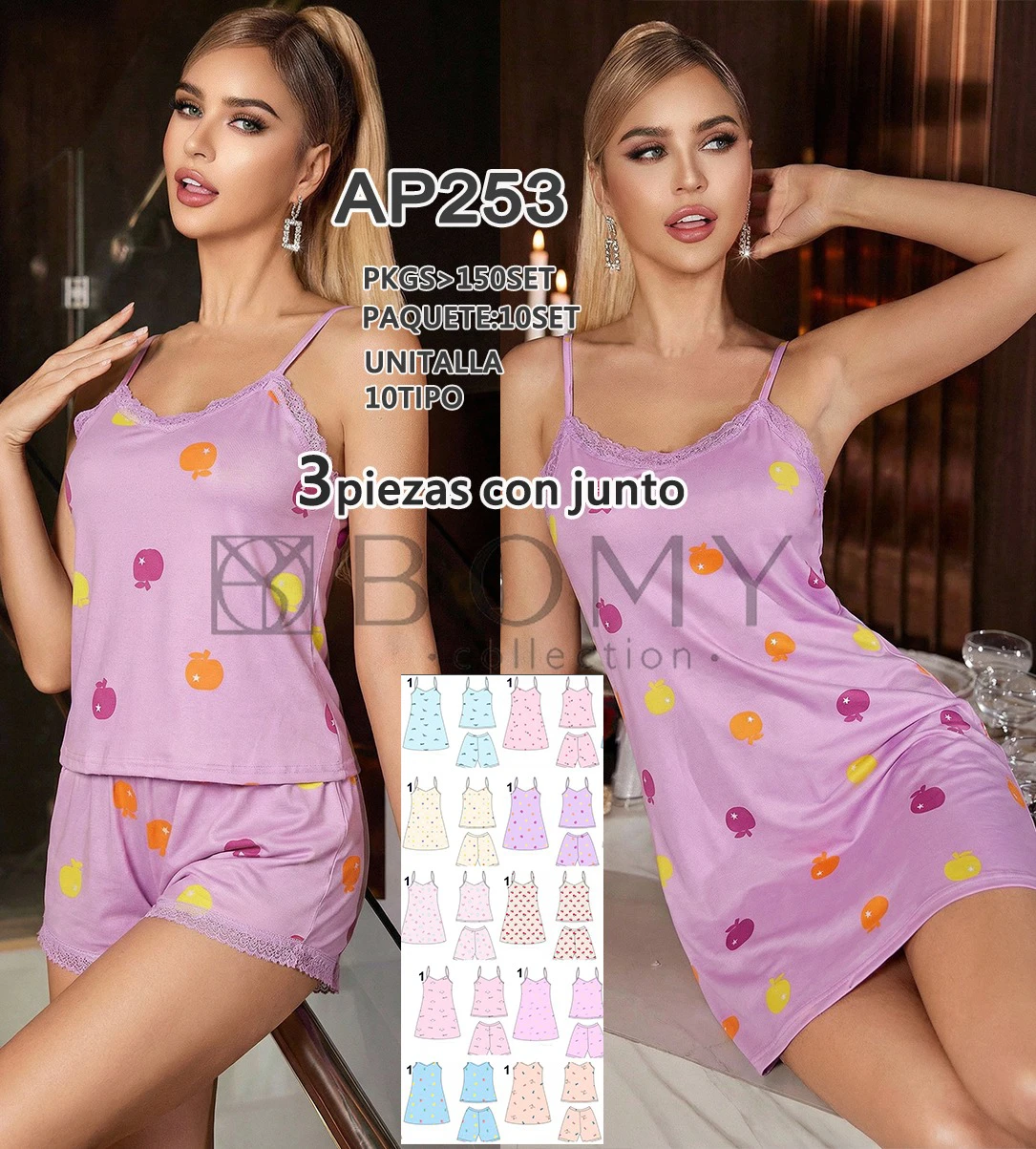 Conjunto de pijama de 3 piezas con estampado-AP253