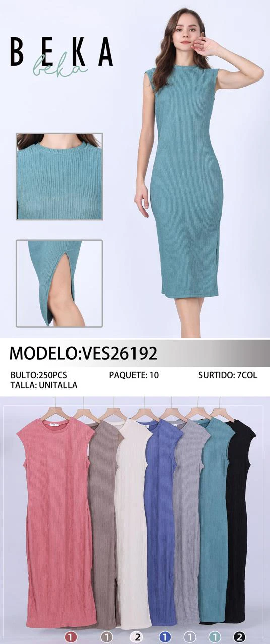 Vestido midi acanalado sin mangas con abertura lateral-VES26192