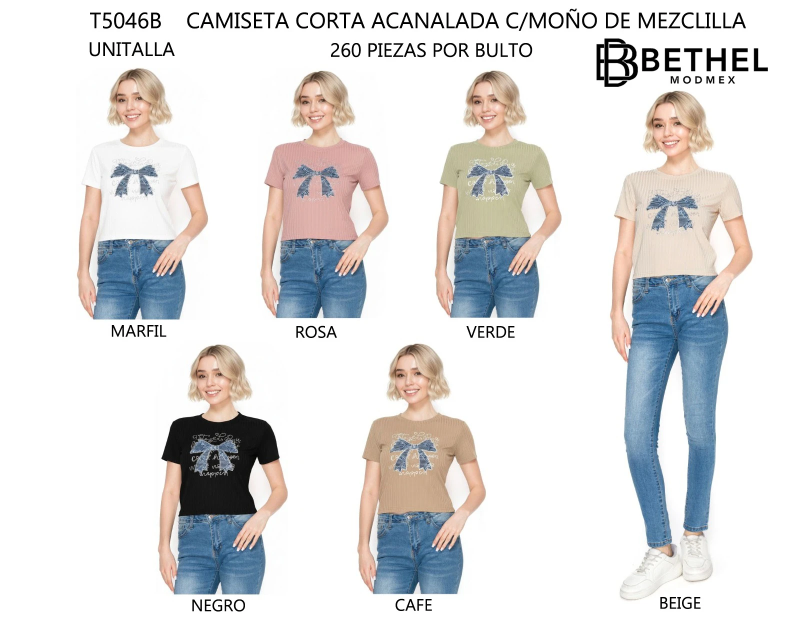 Camiseta corta acanalada con moño de mezclilla-T5046B