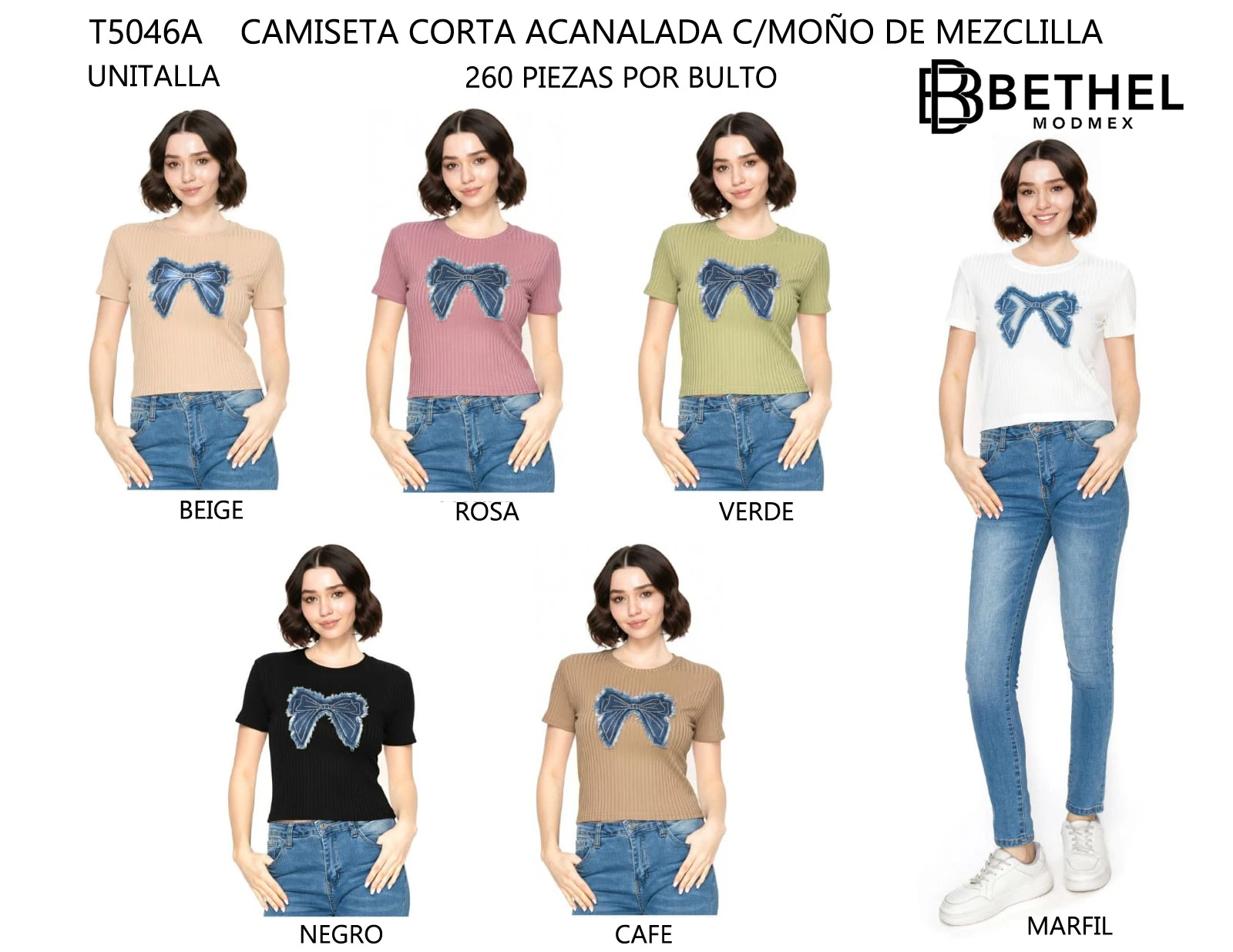 Camiseta acanalada corta con moño de mezclilla-T5046A