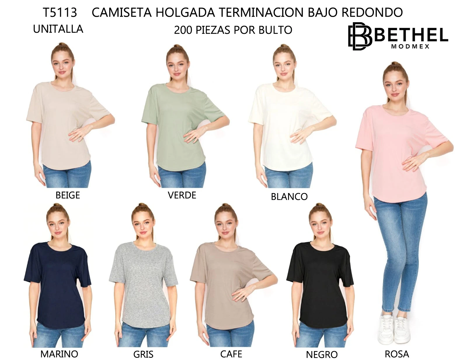 Camiseta holgada con bajo redondo-T5113