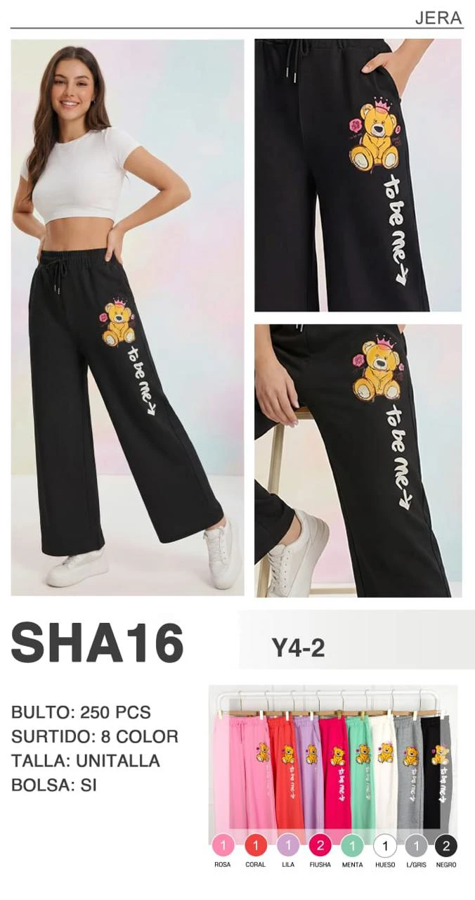 Pantalón deportivo ancho con estampado de oso-SHA16