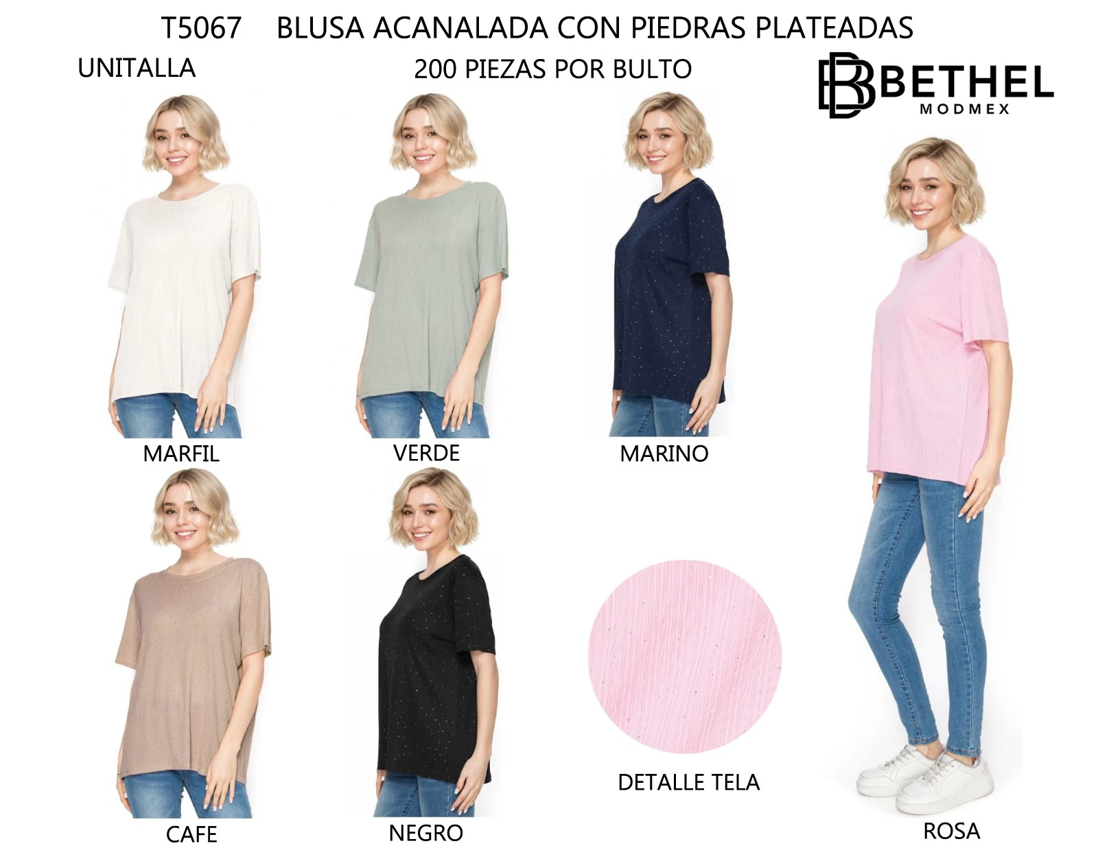 Blusa Acanalada con Piedras Plateadas-T5067