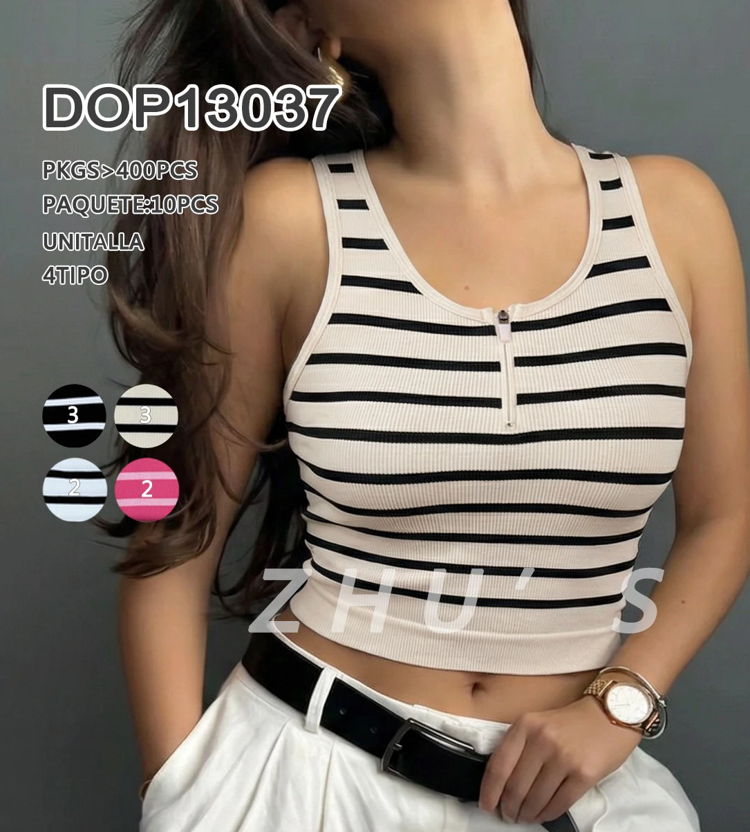 Top de tirantes con cremallera y estampado de rayas-DOP13037