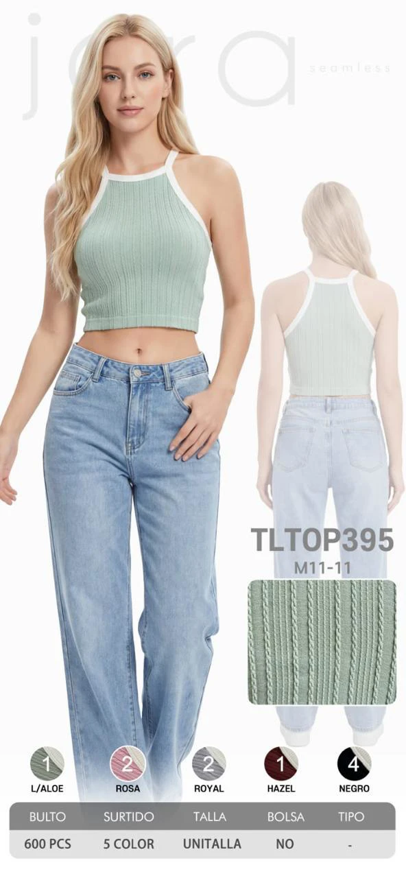 Top acanalado sin mangas tipo halter-TLTOP395