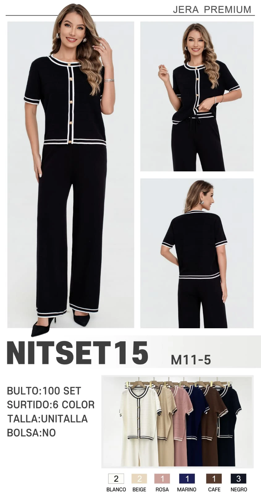 Conjunto de top de manga corta con botones y pantalón ancho-NITSET15