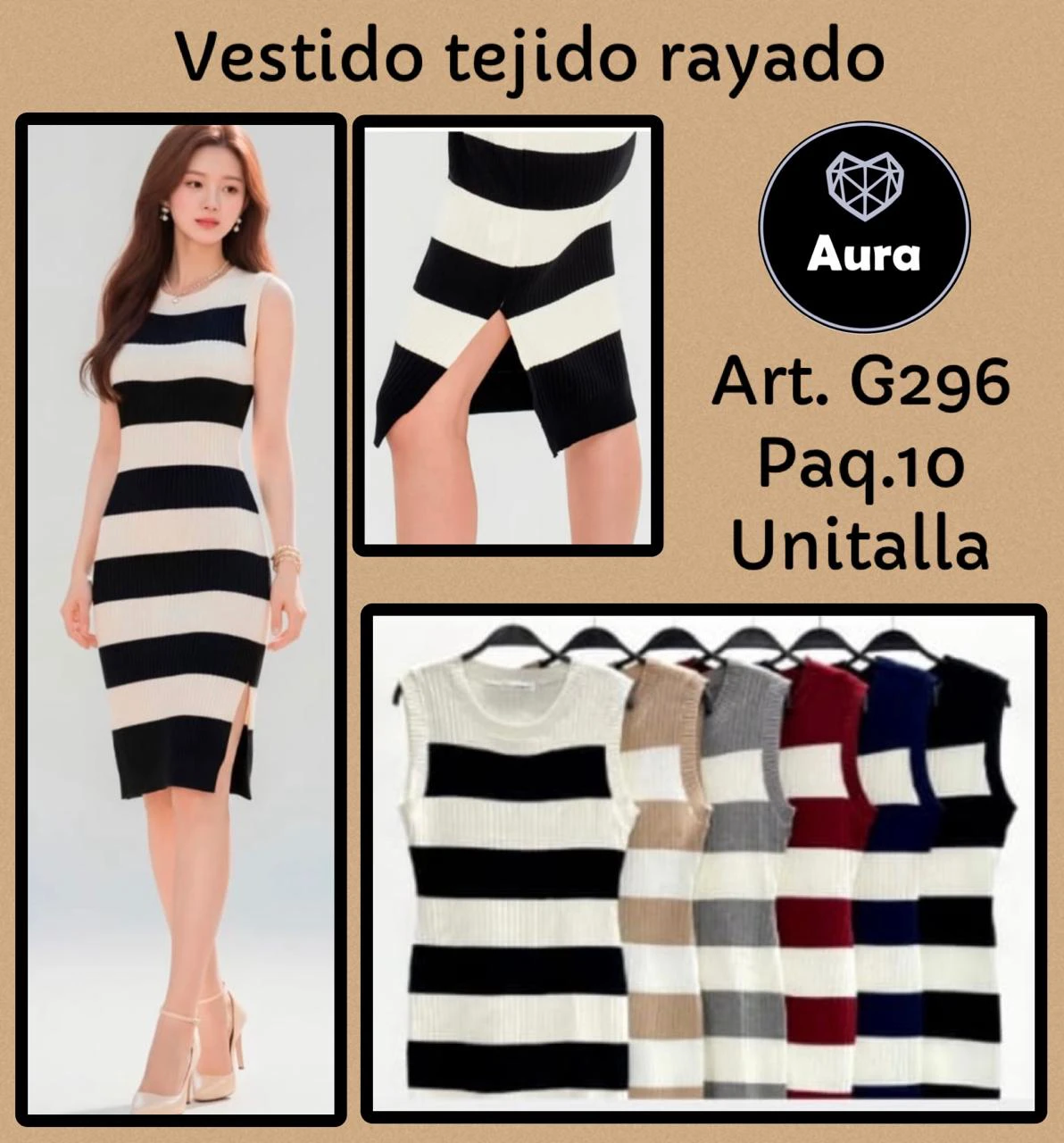Vestido tejido rayado con abertura lateral-G296
