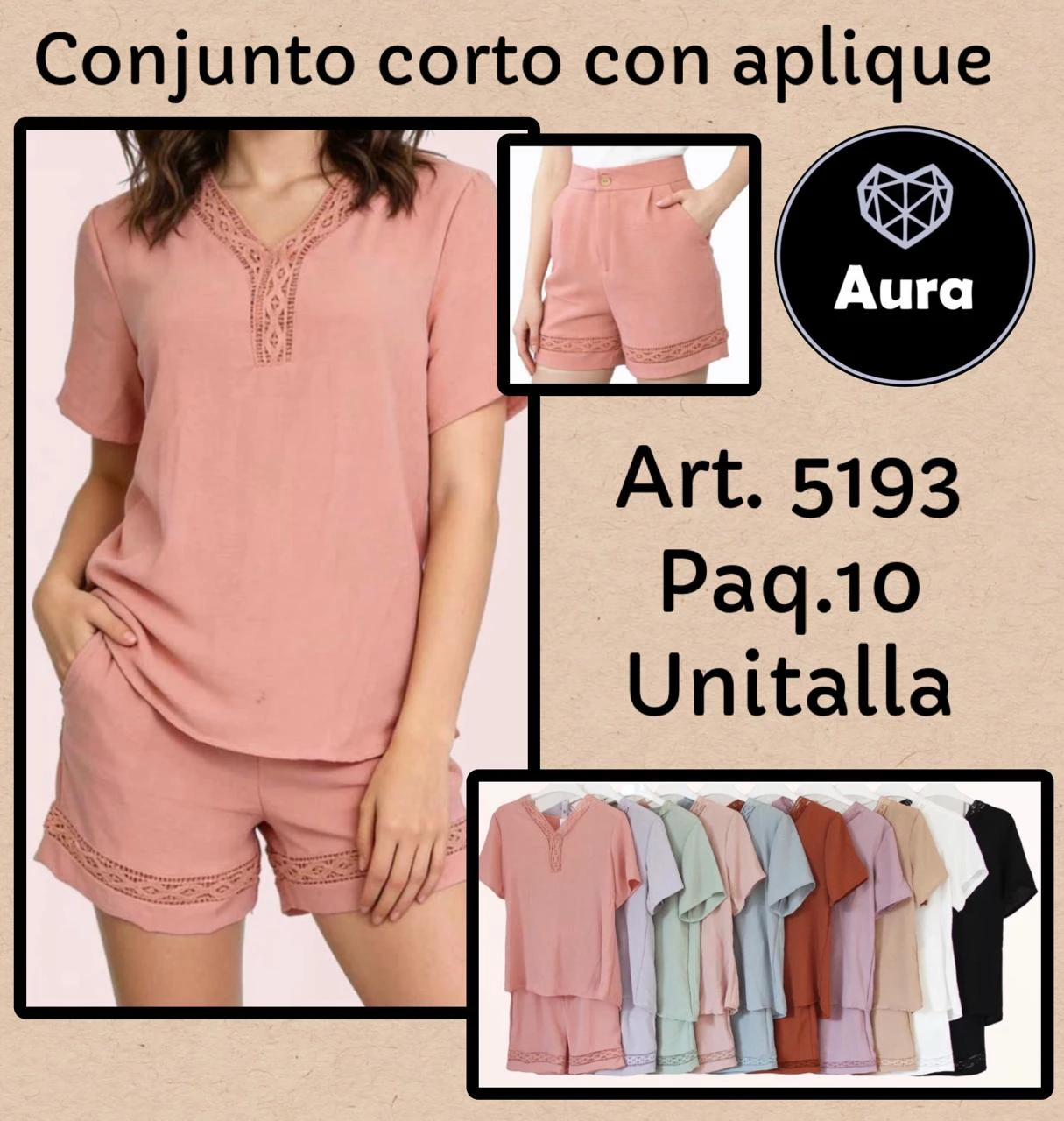 Conjunto corto con aplique de encaje-5193