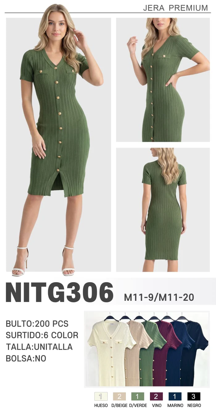 Vestido de punto corto con botones y escote en V-NITG306