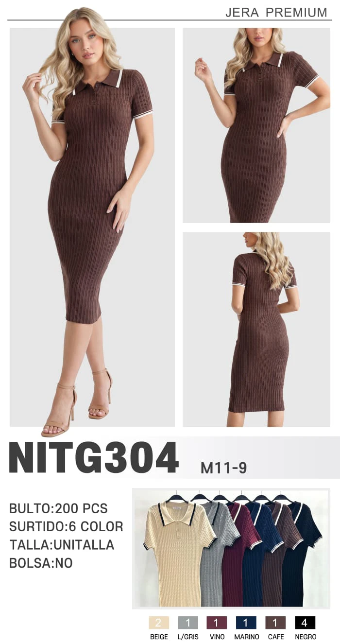 Vestido de punto tipo polo acanalado-NITG304