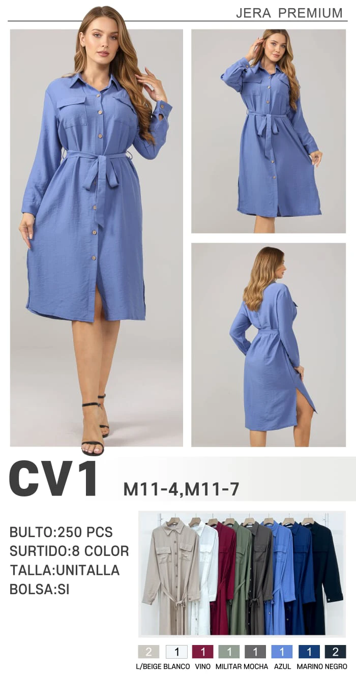 Vestido camisero casual con cinturón-CV1