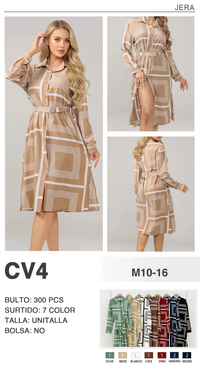 Vestido camisero de manga larga con estampado geométrico-CV4