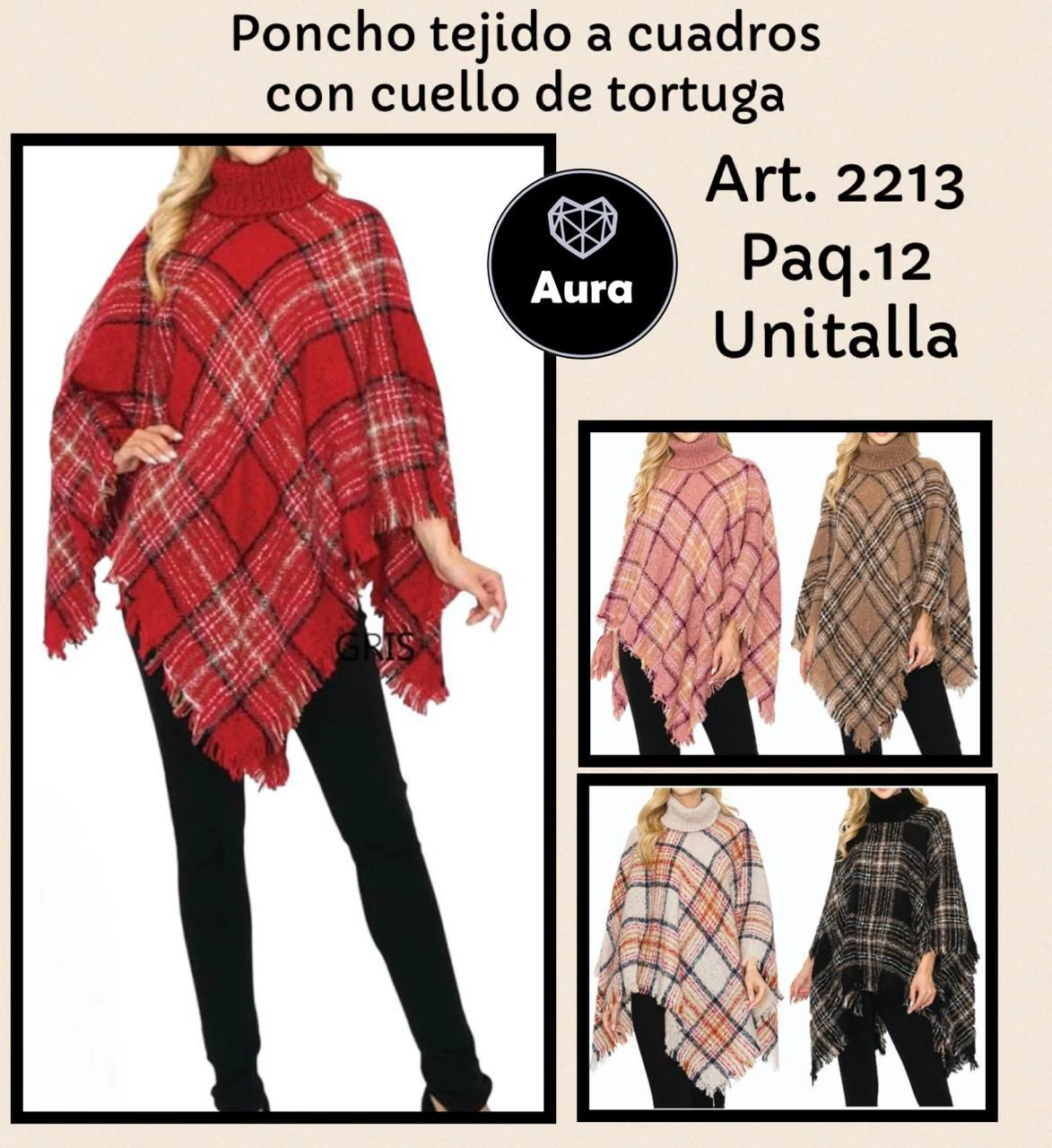 Poncho tejido a cuadros con cuello de tortuga-2213