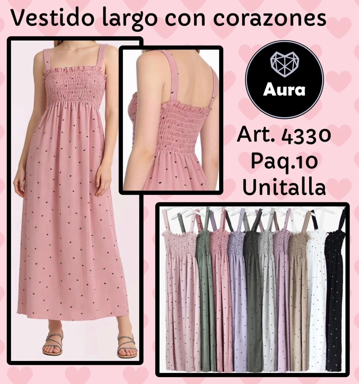 Vestido largo con estampado de corazones-4330