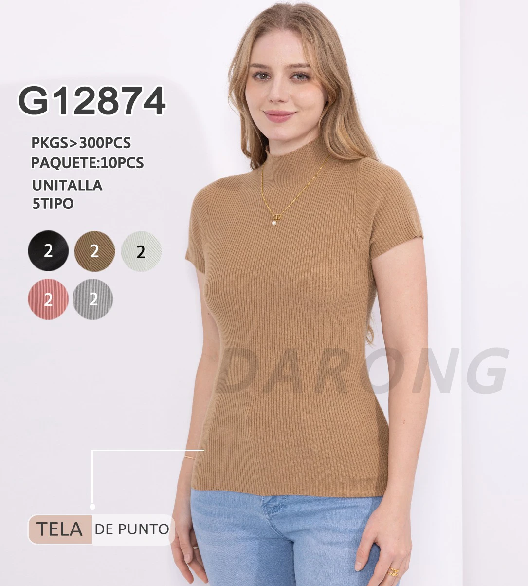 Top de Punto Acanalado de Manga Corta con Cuello Alto-G12874