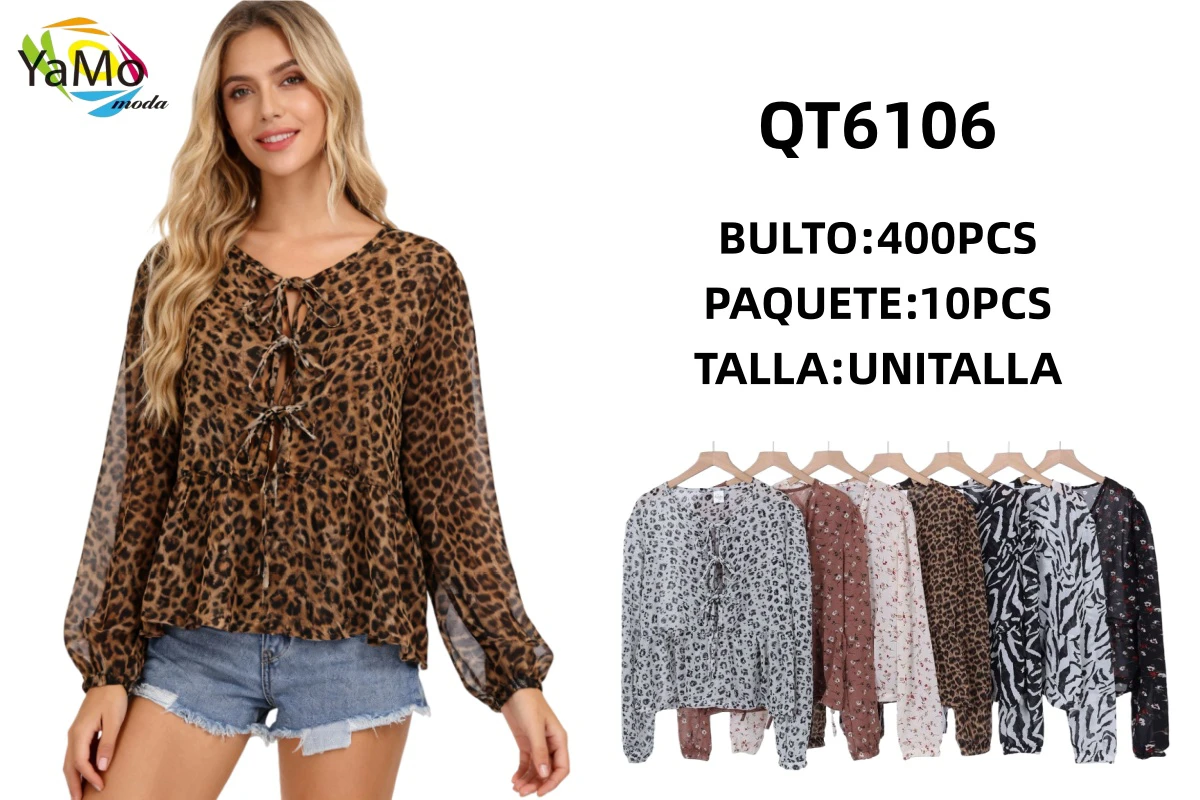 Blusa de mujer con estampado y cuello anudado-QT6106
