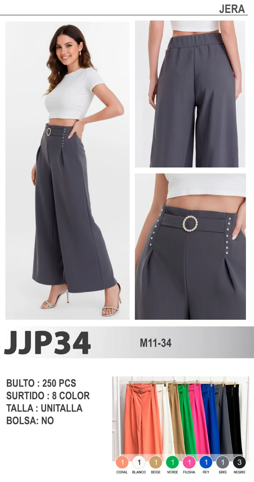 Pantalones Palazzo de Mujer con Cinturón y Hebilla-JJP34