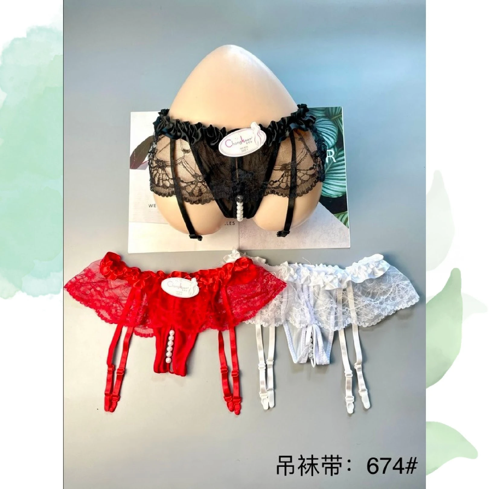 Ligueros con tanga de encaje-674