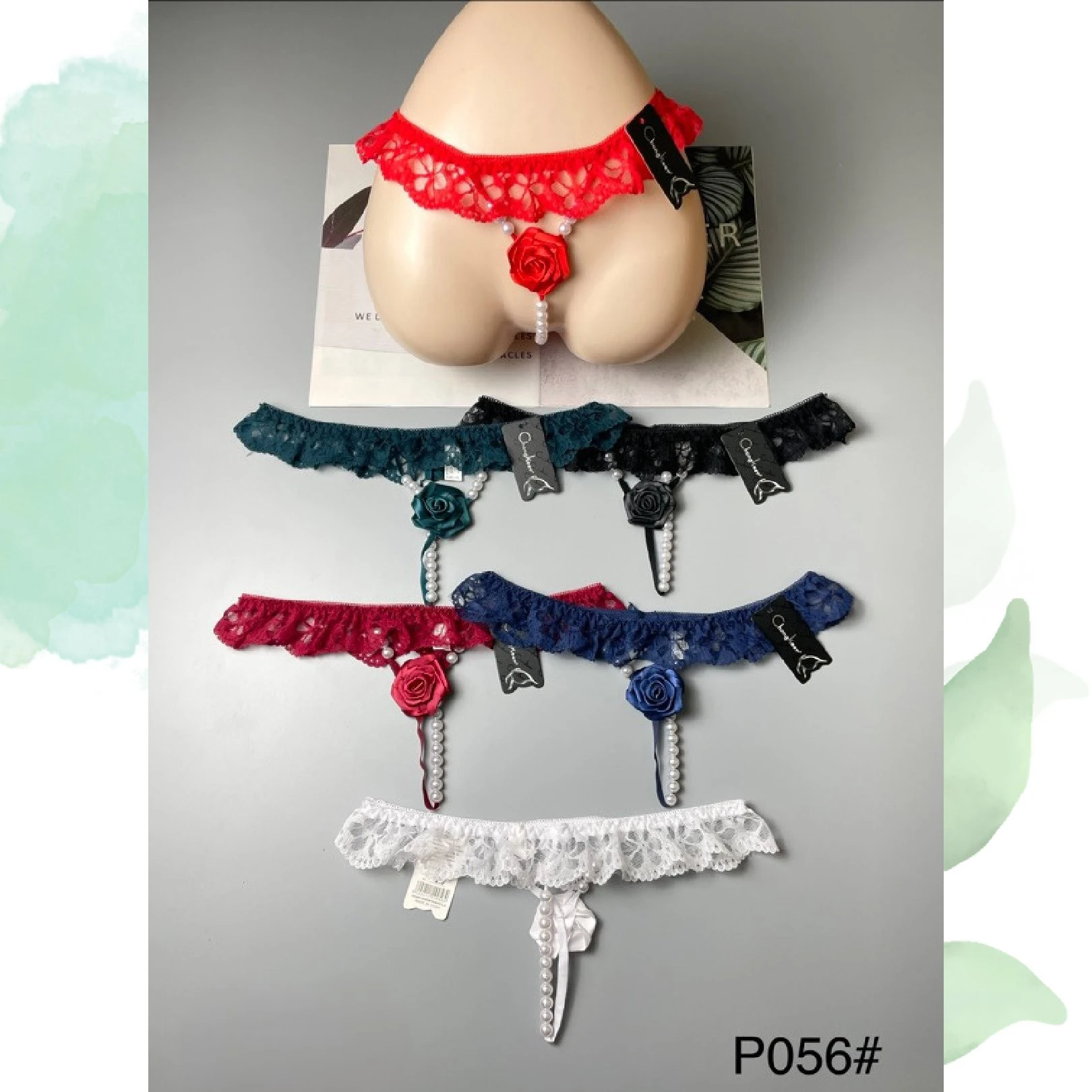 Tanga con encaje y adorno con perlas-P056