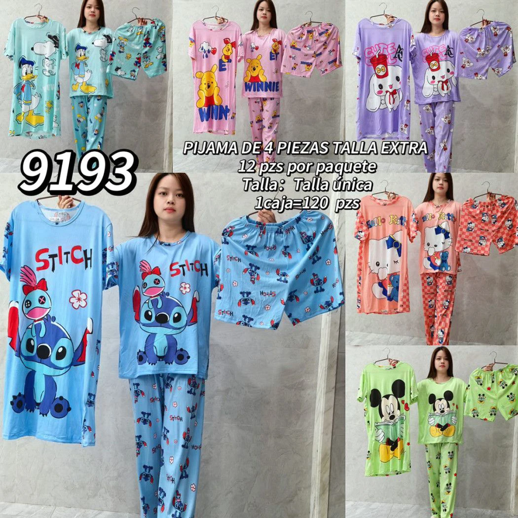 Conjunto de Pijama de 4 piezas con estampados de personajes-9193