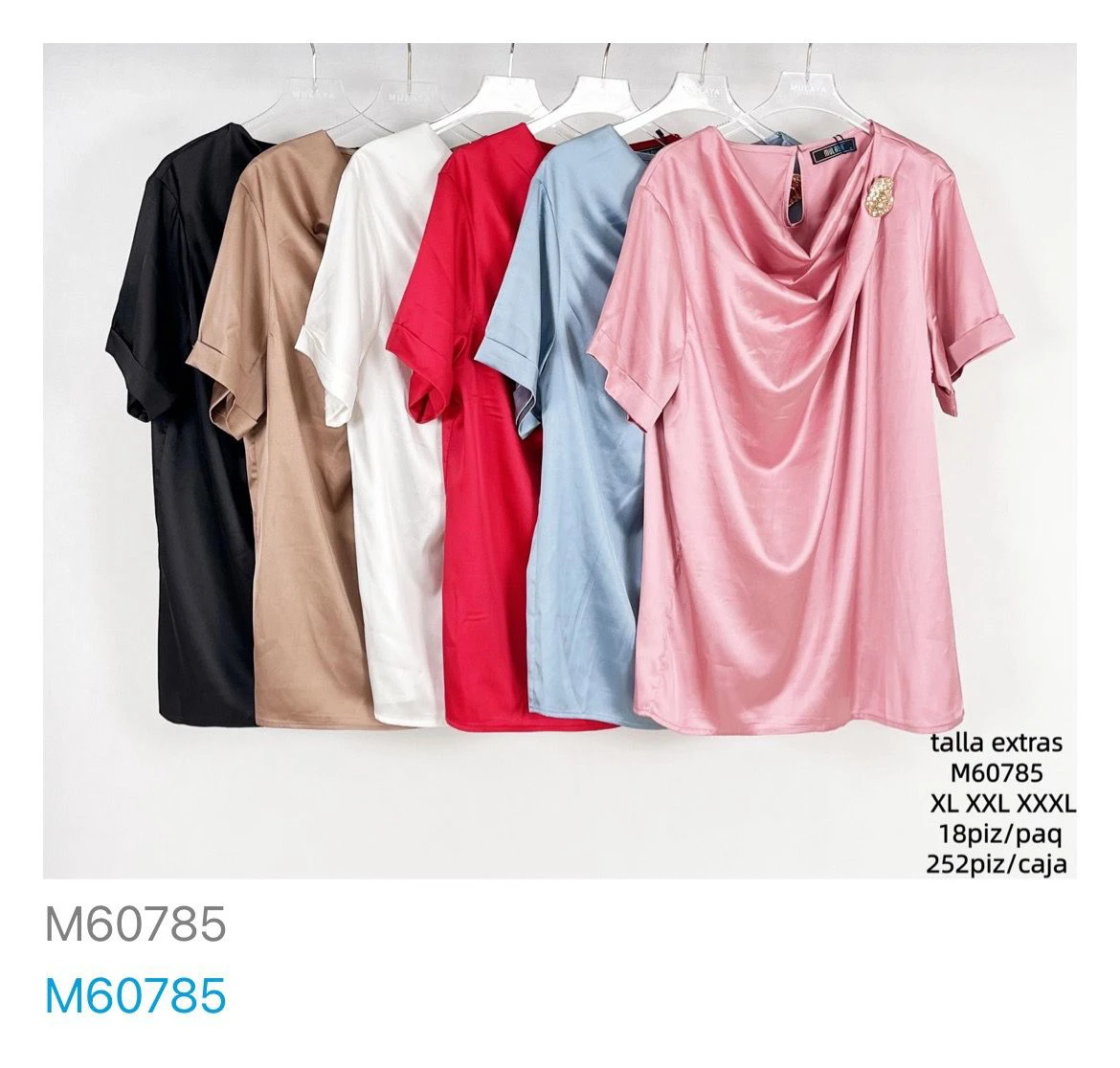 Blusa de satén con cuello y manga corta-M60785