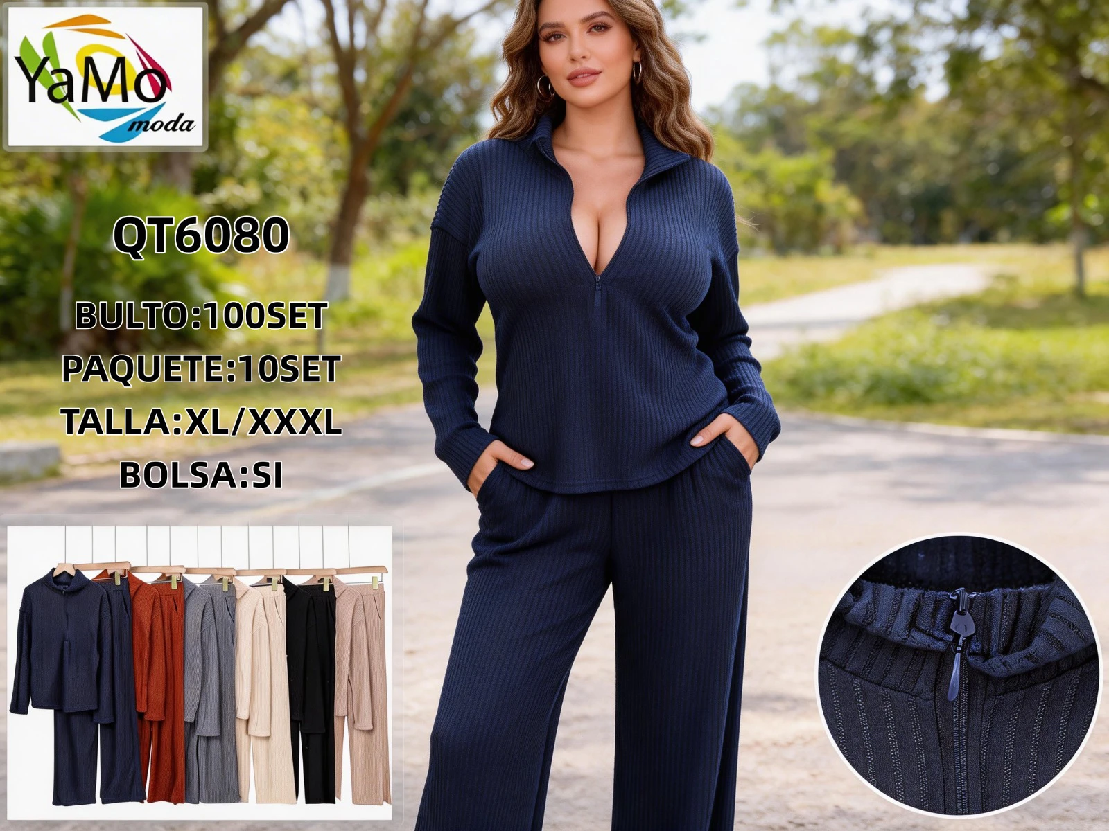 Conjunto de top y pantalón acanalado-QT6080