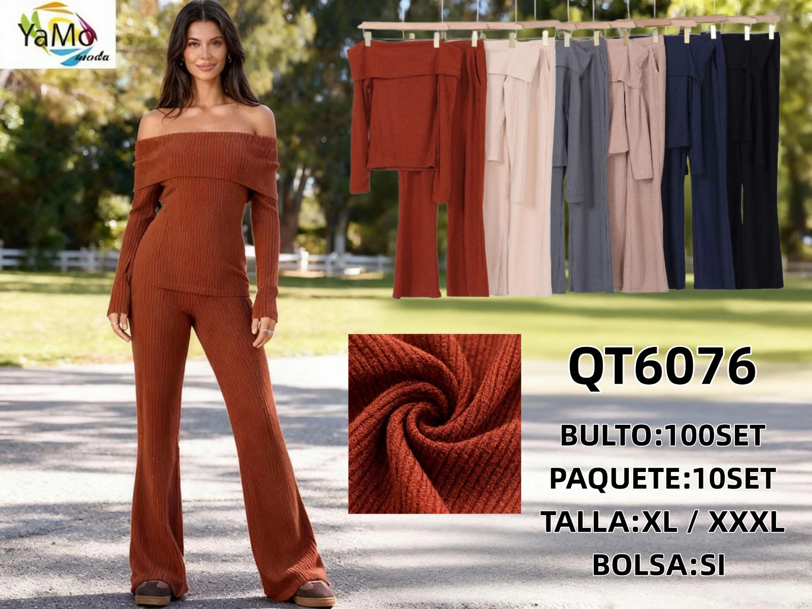 Conjunto de top con hombros descubiertos y pantalón acanalado-QT6076