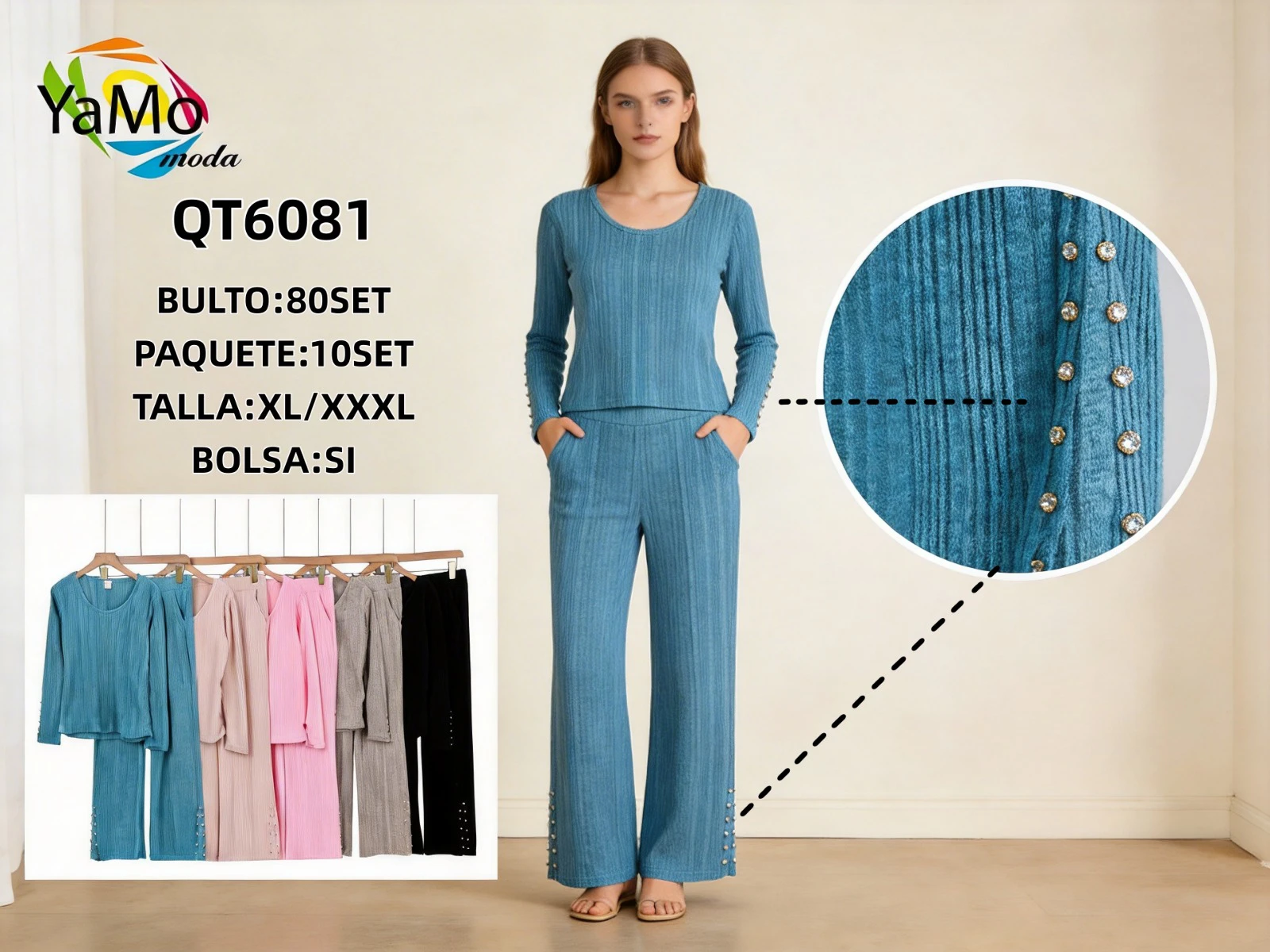 Conjunto de suéter de punto acanalado y pantalón ancho con pedrería-QT6081