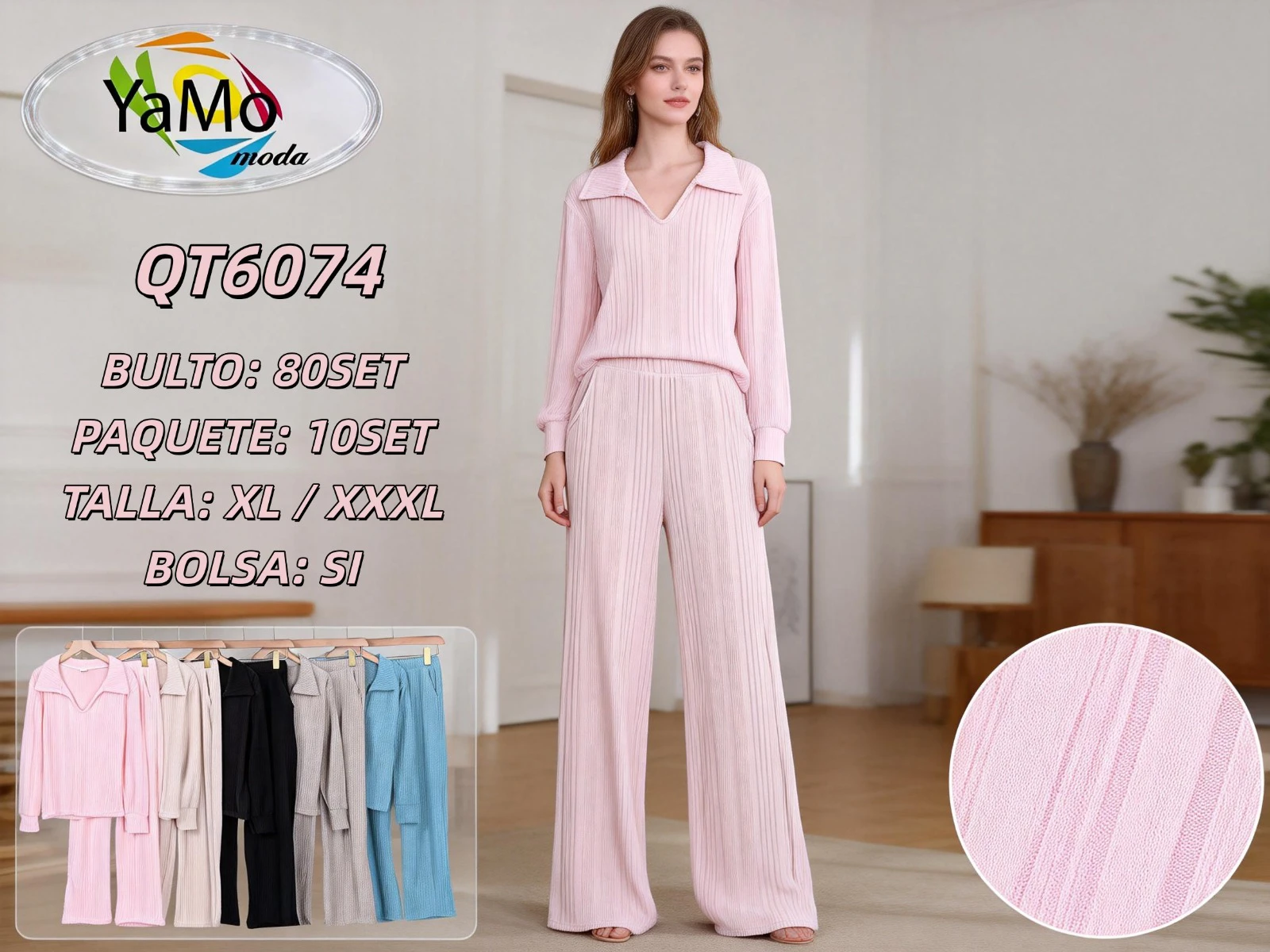 Conjunto de Suéter y Pantalón Acanalado-QT6074
