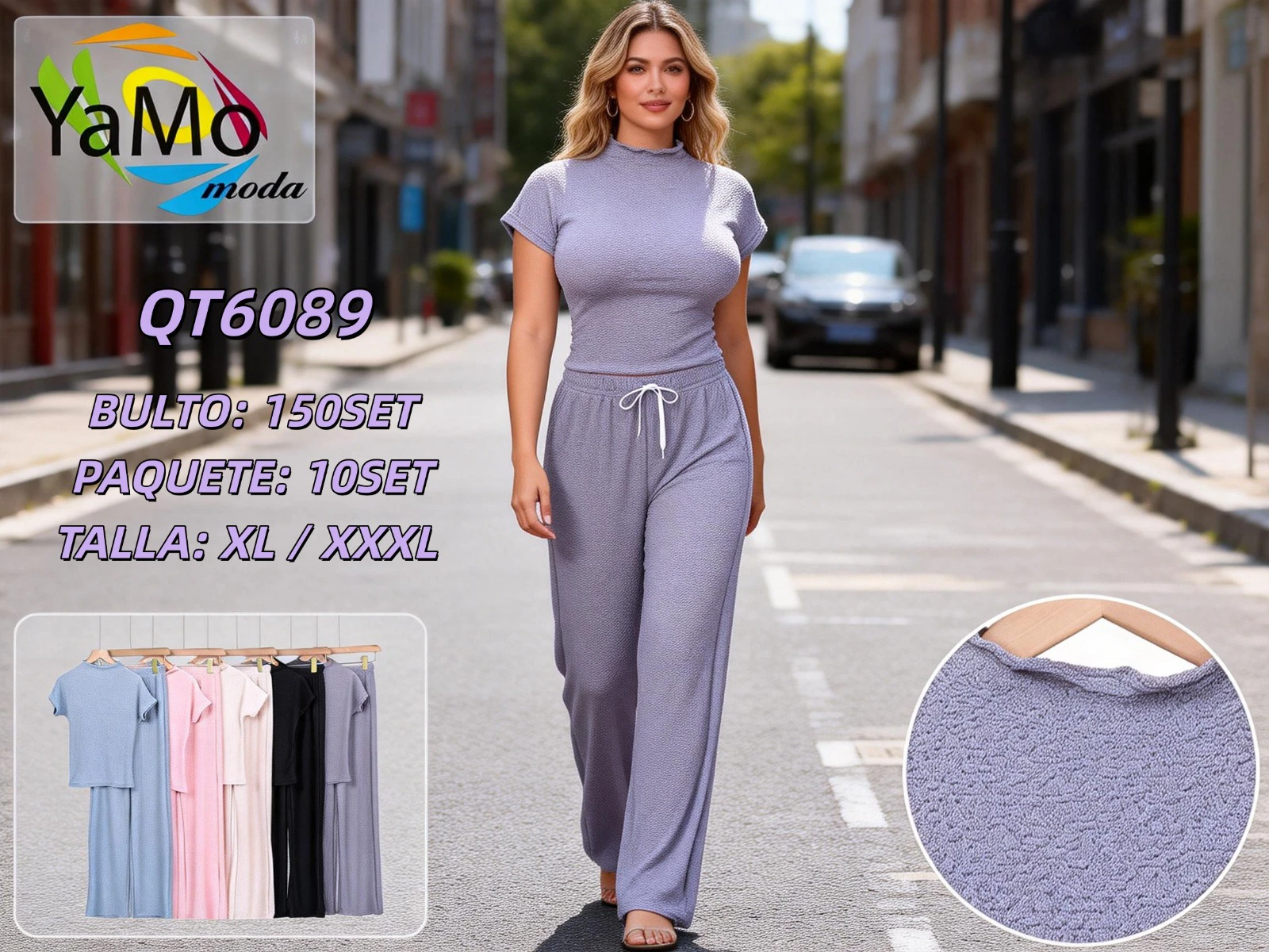 Conjunto de Blusa de Cuello Alto y Pantalón Ancho para Mujer-QT6089