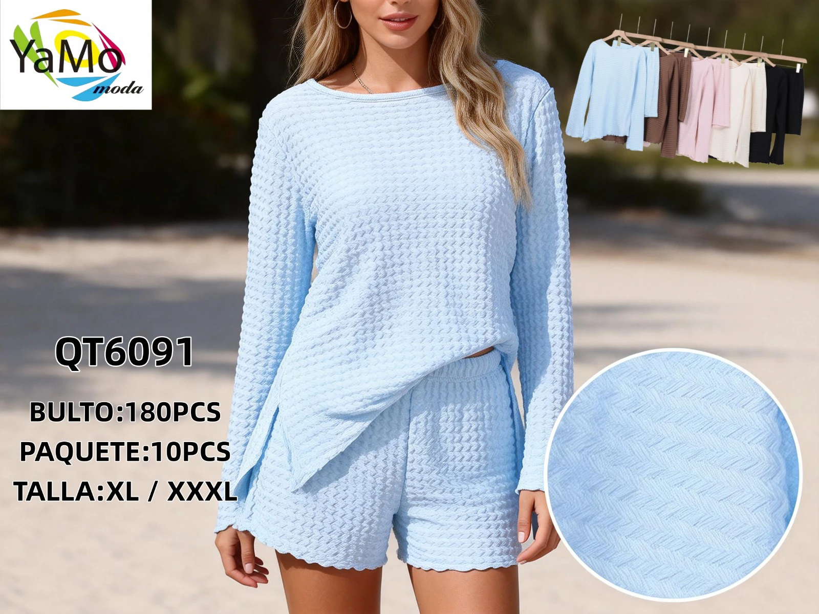 Conjunto de Manga Larga y Shorts Texturizado-QT6091