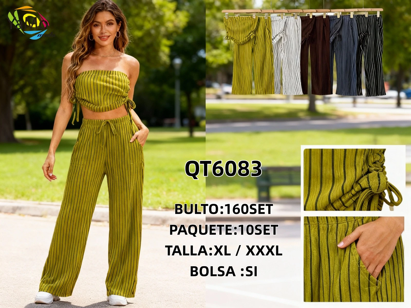 Conjunto de top bandeau y pantalón de rayas-QT6083