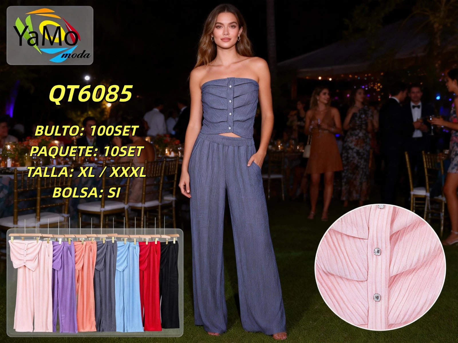 Conjunto de Top Strapless y Pantalón Palazzo-QT6085