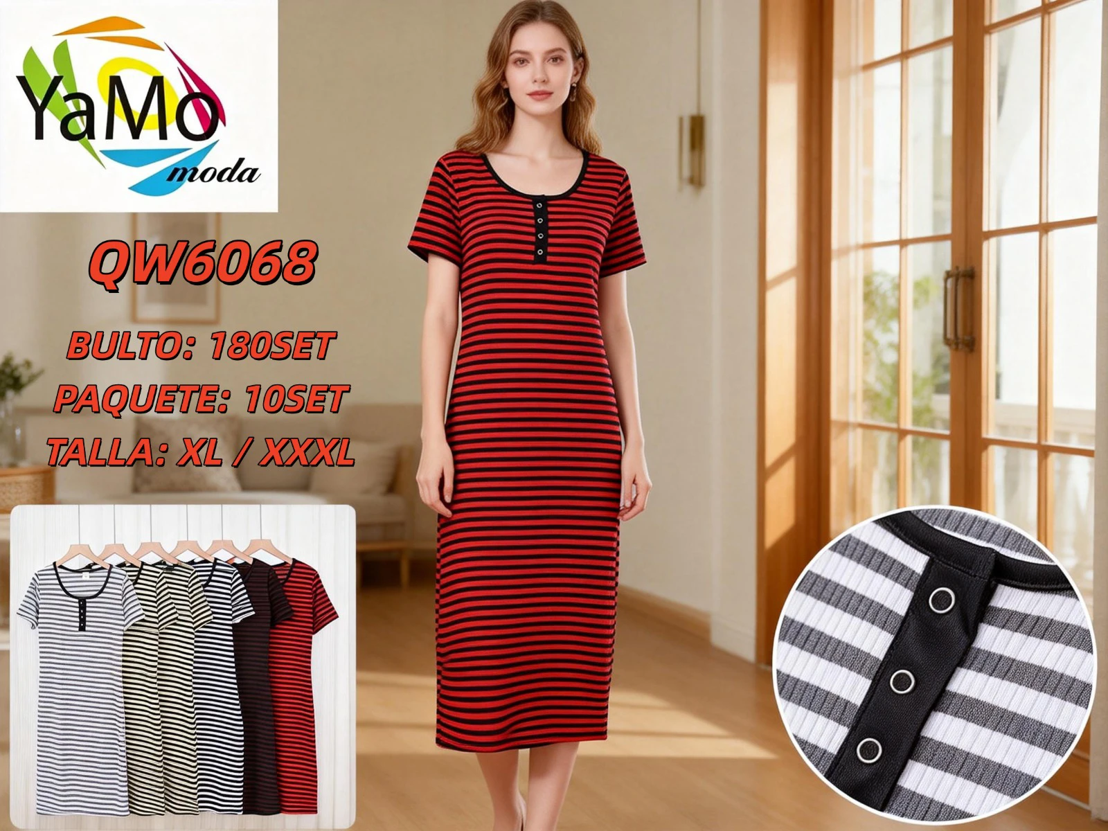 Vestido de manga corta a rayas con botones-QW6068