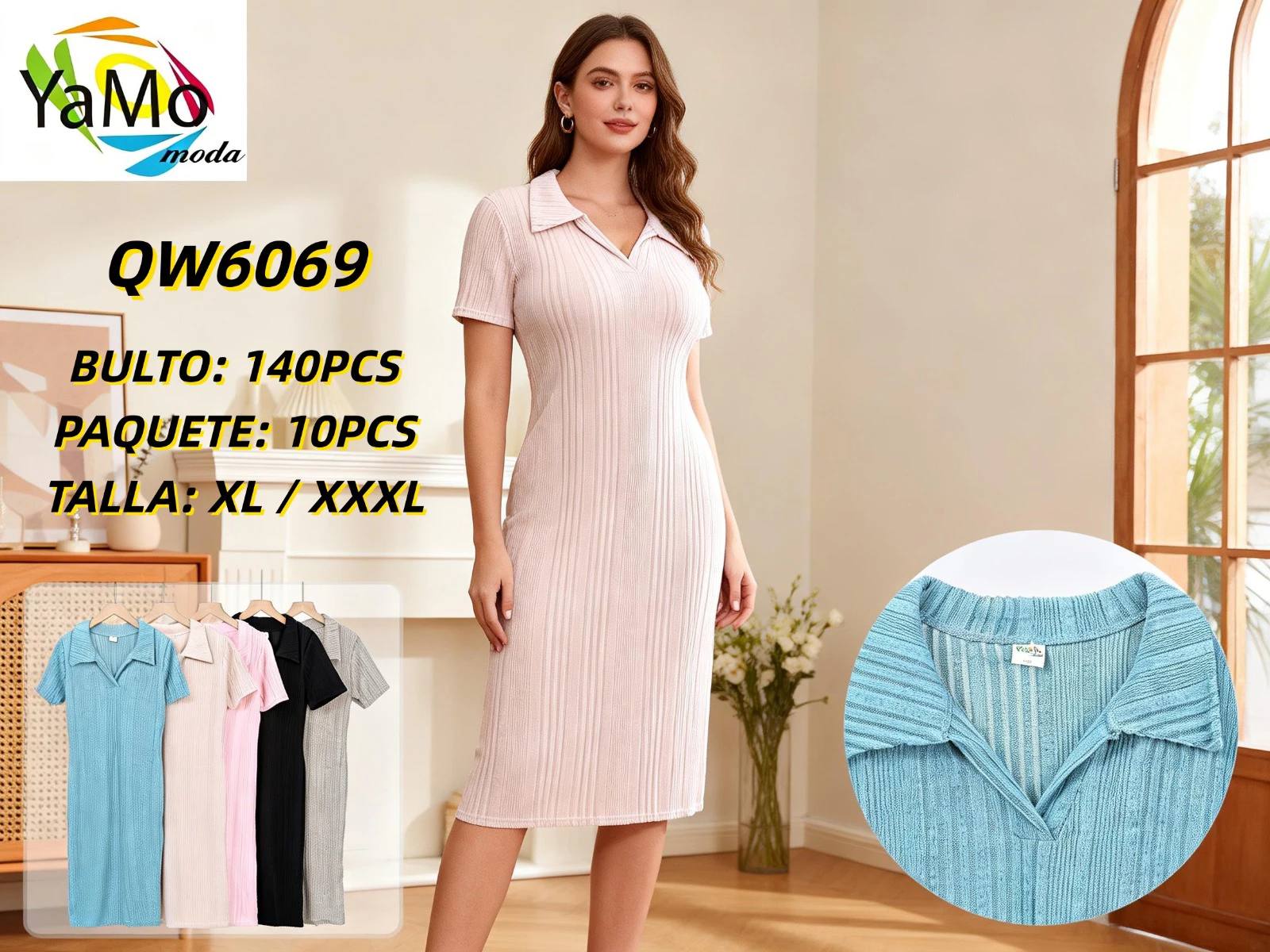 Vestido de punto acanalado con cuello polo-QW6069