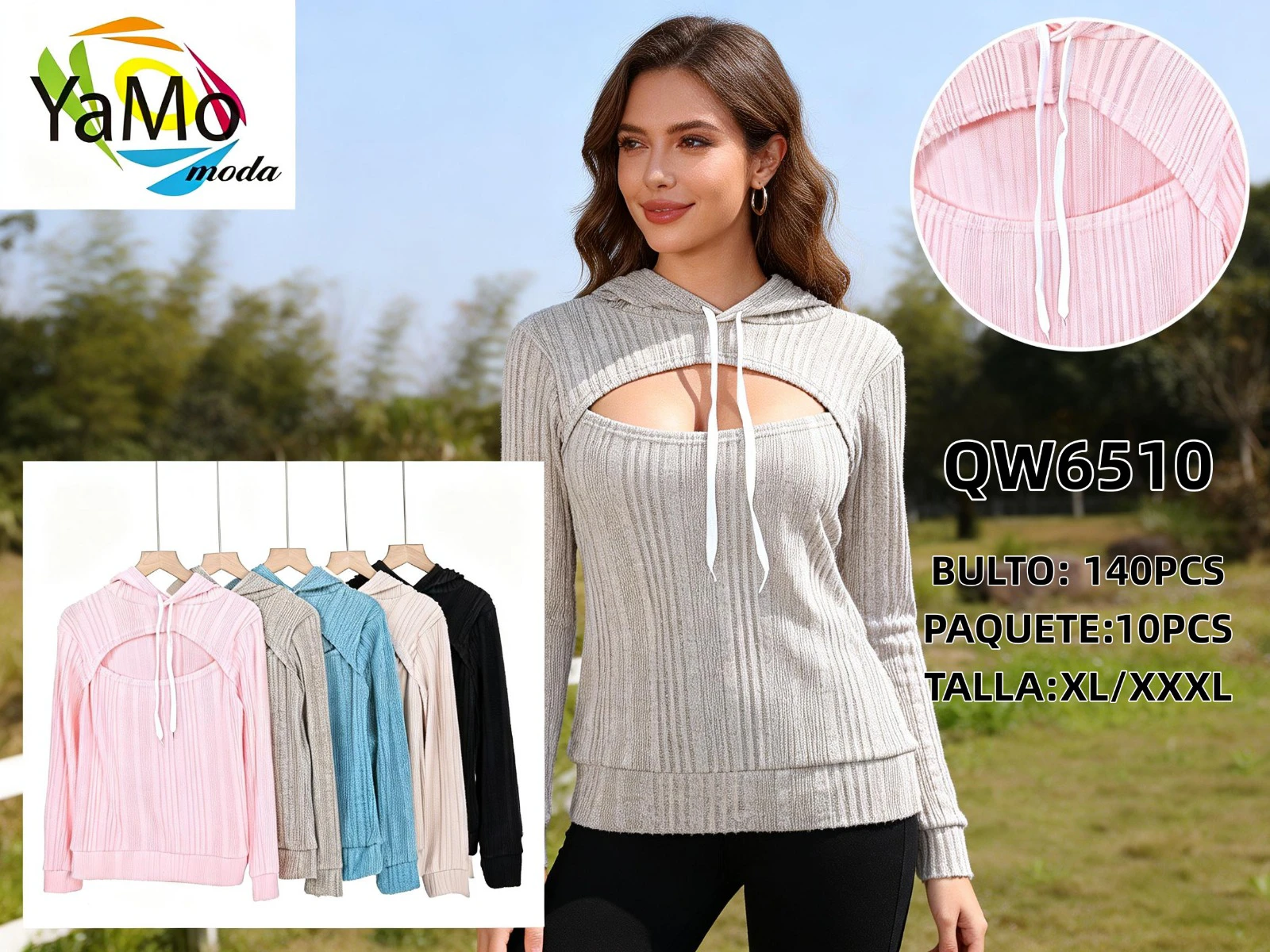 Sudadera con capucha y abertura frontal-QW6510